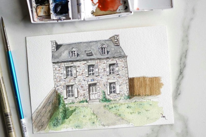 Personalized watercolor house portrait, hand-drawn house sketch on photo, first home gift, housewarming gift image 5