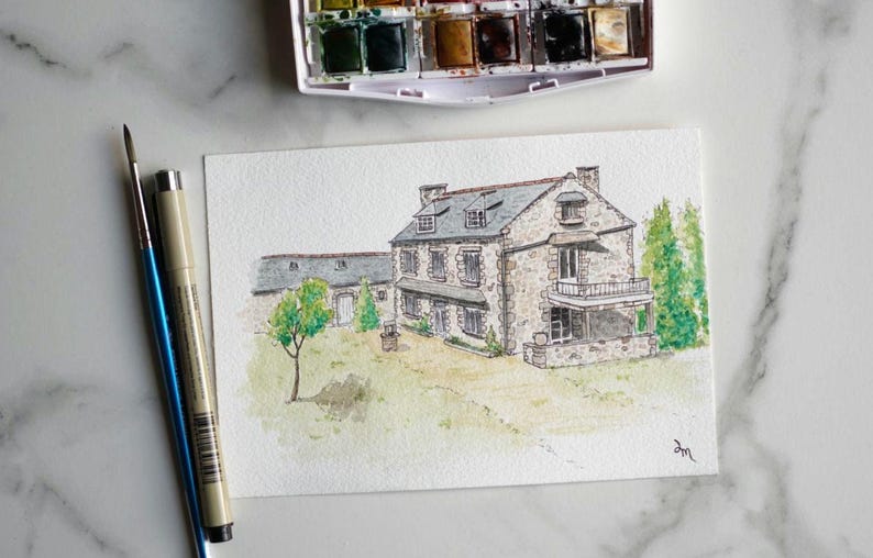 Personalized watercolor house portrait, hand-drawn house sketch on photo, first home gift, housewarming gift image 6
