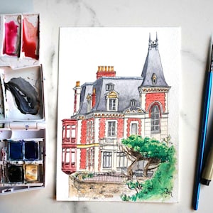 Personalized watercolor house portrait, hand-drawn house sketch on photo, first home gift, housewarming gift image 1