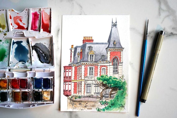 Portrait de maison personnalisé aquarelle, Croquis maison sur photo à la main, cadeau première maison, cadeau cremaillère