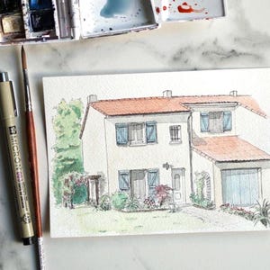 Personalized watercolor house portrait, hand-drawn house sketch on photo, first home gift, housewarming gift image 3