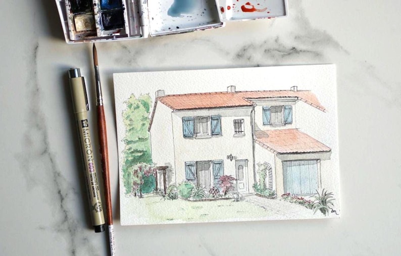 Personalized watercolor house portrait, hand-drawn house sketch on photo, first home gift, housewarming gift image 3