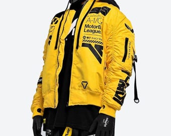 Cyberpunk Yellow Techwear Bomber Jacket – Black Tactical Outerwear with Industrial Graphics & Courier Straps