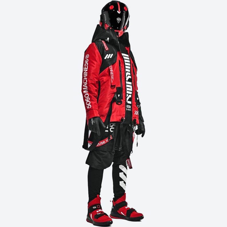 Cyberpunk Red Tactical Techwear Jacket – Futuristic Streetwear Outerwear with Industrial Graphics & Dystopian Detailing