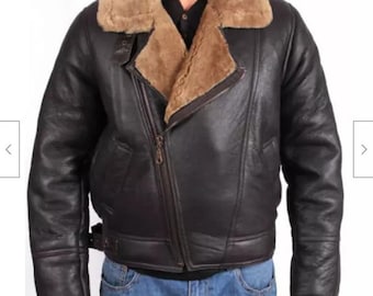 Chaqueta bomber de piel de oveja marrón / Abrigo de vuelo de aviador de la RAF para hombre
