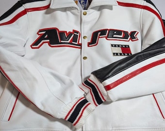 Chaqueta bomber de cuero estilo Avirex blanca, estilo retro, estilo urbano, estilo vintage inspirado en la aviación.
