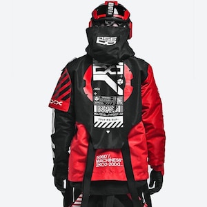 Cyberpunk Red Tactical Techwear Jacket – Futuristic Streetwear Outerwear with Industrial Graphics & Dystopian Detailing