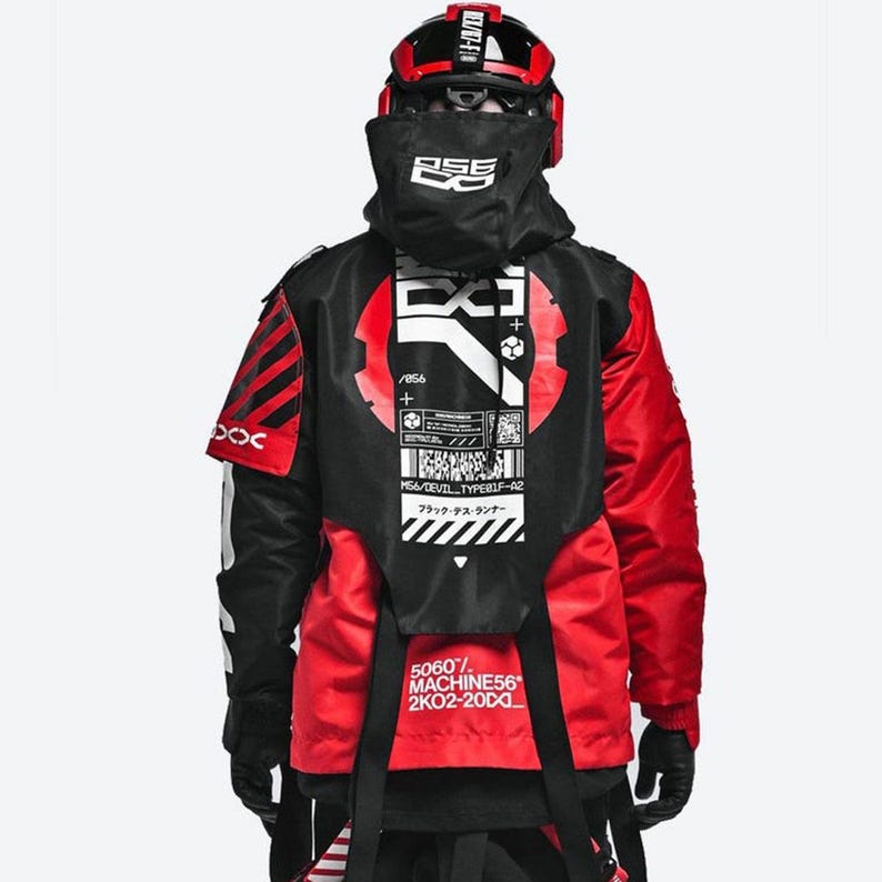 Cyberpunk Red Tactical Techwear Jacket – Futuristic Streetwear Outerwear with Industrial Graphics & Dystopian Detailing