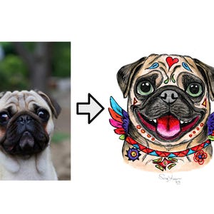 May include: A whimsical illustration of a pug dog with a colorful Day of the Dead theme. The dog has a painted face with heart and floral designs, and a vibrant collar with wing accents. The dog is smiling with its tongue out.
