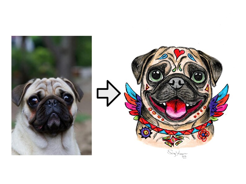 May include: A whimsical illustration of a pug dog with a colorful Day of the Dead theme. The dog has a painted face with heart and floral designs, and a vibrant collar with wing accents. The dog is smiling with its tongue out.