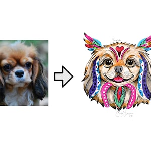 May include: A side-by-side image comparison. The left shows a photo of a Cavalier King Charles Spaniel. The right shows a colorful, artistic illustration of a dog's face, adorned with decorative patterns and vibrant colors, including pink, blue, and green.