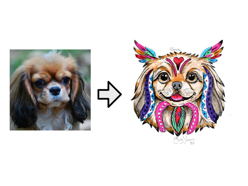 May include: A side-by-side image comparison. The left shows a photo of a Cavalier King Charles Spaniel. The right shows a colorful, artistic illustration of a dog's face, adorned with decorative patterns and vibrant colors, including pink, blue, and green.