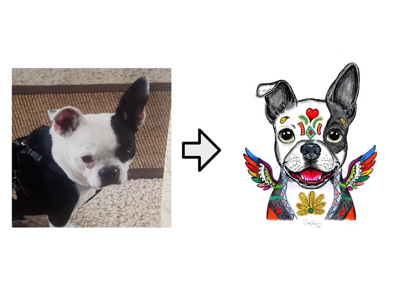 May include: A Boston Terrier dog with a black and white coat, depicted in a watercolor illustration. The dog has colorful wings, a heart on its forehead, and floral patterns. The image is a whimsical, artistic representation.