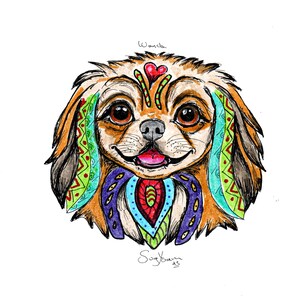 May include: A colorful illustration of a dog's face with intricate patterns and details. The dog has brown fur, large brown eyes, and a pink tongue. The artwork includes the text "No Wings Version", "Wanda", and the artist's signature.