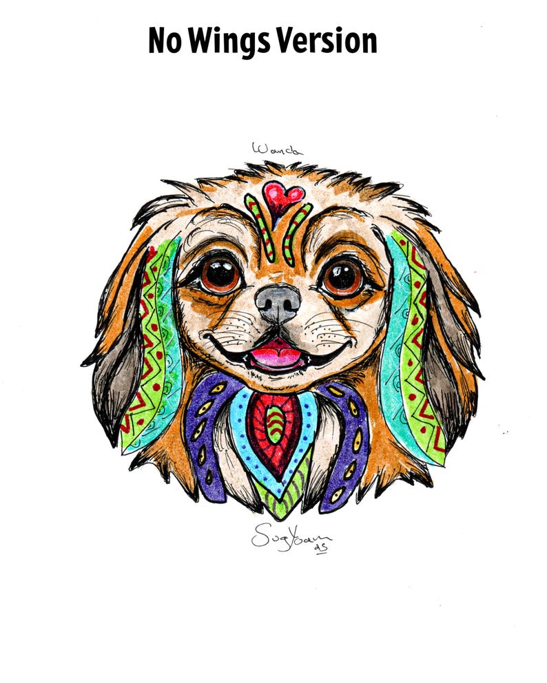 May include: A colorful illustration of a dog's face with intricate patterns and details. The dog has brown fur, large brown eyes, and a pink tongue. The artwork includes the text "No Wings Version", "Wanda", and the artist's signature.