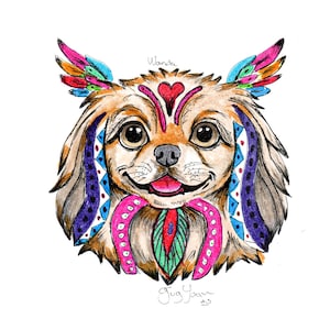 May include: A colorful illustration of a dog's face, featuring intricate details and vibrant colors. The dog has large, expressive eyes, a pink tongue, and decorative elements including feathers, hearts, and geometric patterns. The name "Wanda" is written above the dog's head.