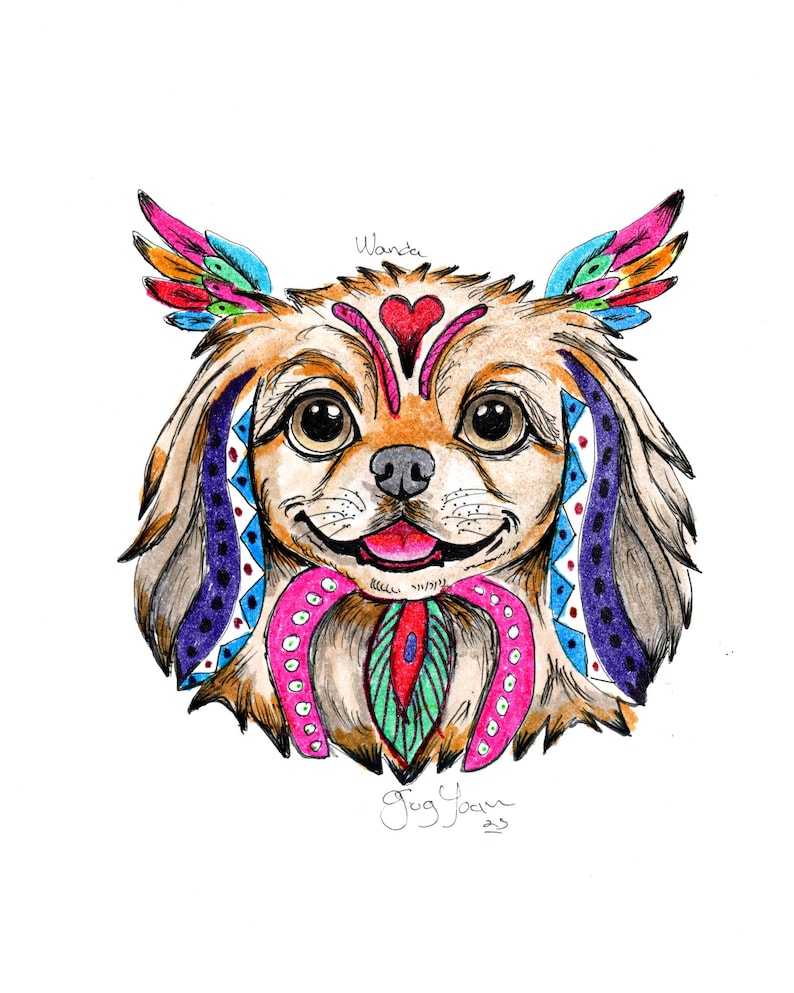 May include: A colorful illustration of a dog's face, featuring intricate details and vibrant colors. The dog has large, expressive eyes, a pink tongue, and decorative elements including feathers, hearts, and geometric patterns. The name "Wanda" is written above the dog's head.