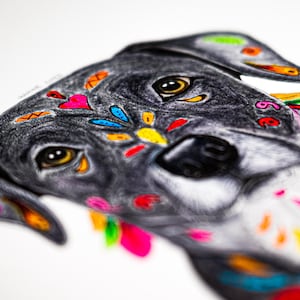 May include: Close-up of a dog's head, featuring a detailed pencil drawing with colorful accents. The dog's fur is primarily gray, adorned with vibrant floral and heart-shaped designs in shades of pink, yellow, blue, and orange. The dog's eyes are a warm brown.