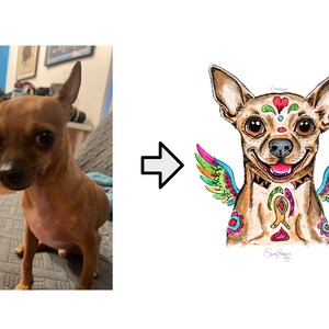 May include: A watercolor illustration of a Chihuahua with colorful wings and decorative patterns. The dog has a smiling expression and is adorned with heart and floral designs. The image is set against a white background.