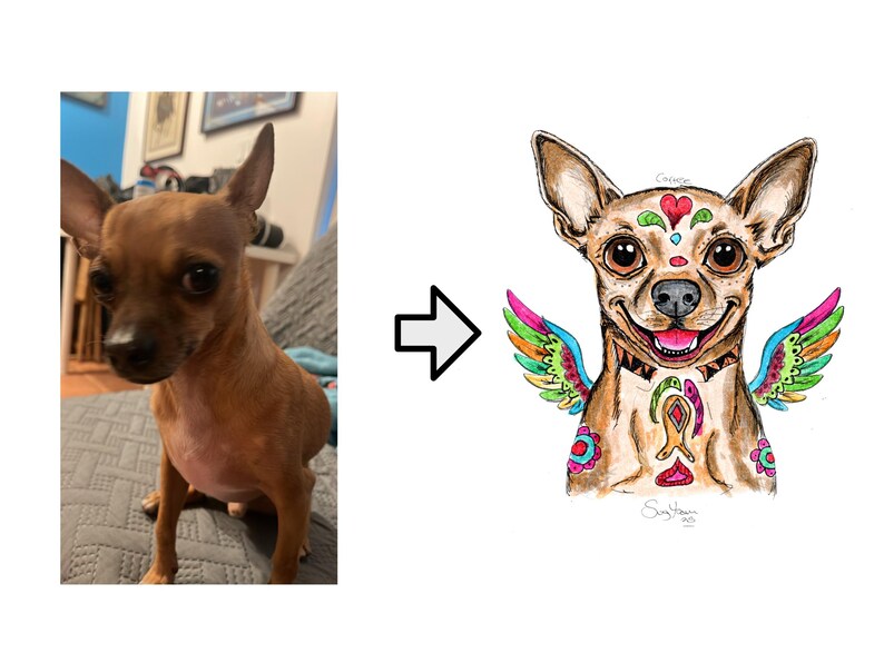 May include: A watercolor illustration of a Chihuahua with colorful wings and decorative patterns. The dog has a smiling expression and is adorned with heart and floral designs. The image is set against a white background.