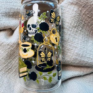 Dark Academia Glass Tumbler 16oz with Bamboo Lid & Straw | Gothic Book Lover Cup | Witchy Reader Gift | Dark Cottagecore Iced Coffee Glass