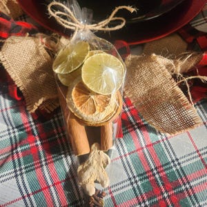 May include: A clear cellophane bag tied with twine, filled with dried citrus slices, cinnamon sticks, cloves, and a ginger shape. The bag sits on a plaid surface with burlap accents, suggesting a festive theme.