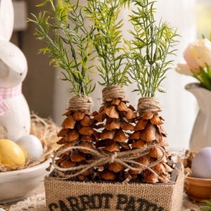 May include: Three decorative carrot-shaped ornaments made from pinecones and twine, with green sprigs for the tops. They are arranged in a burlap-covered box that reads "CARROT PATCH". Easter-themed decor.