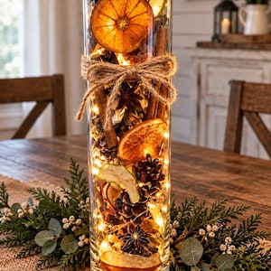 May include: A tall cylindrical glass vase filled with dried orange slices, cinnamon sticks, pinecones, and star anise, illuminated by warm white string lights. The exterior of the vase is tied with a natural jute twine bow around the center.