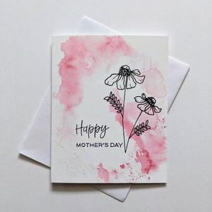 Mothers Day Card | Hand Painted Pink Watercolor Card With Pen and Ink Flower drawing Greeting Card | Blank Inside | Mothers Day Gift