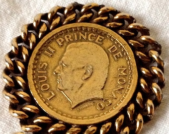 Vintage Monaco Bronze Coin Brooch Pendant - Prince of Monaco Louis II Eagle Crest on Reverse