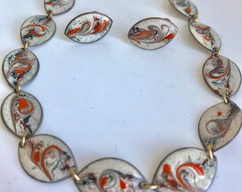 Mid-Century Jewelry Orange Enamel Necklace Choker and Earrings Set