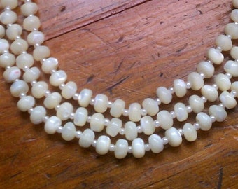 White Bib Necklace Shells and Seed Pearl Necklace Three Strands