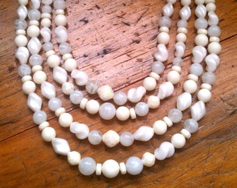 White Bib Necklace - West Germany Triple Strand White Necklace