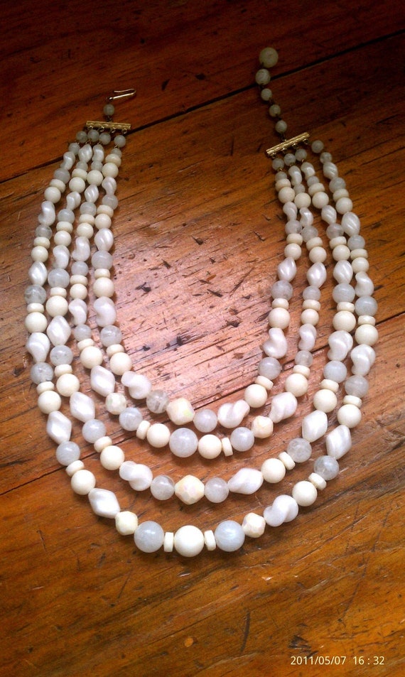 White Bib Necklace - West Germany Triple Strand Wh