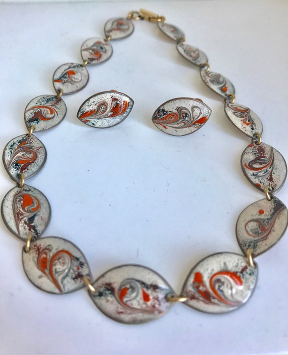 Mid-Century Jewelry Orange Enamel Necklace Choker… - image 1