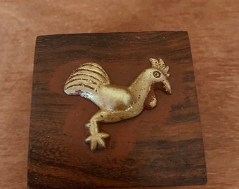 Vintage Wood Trinket Box with Bronze Rooster