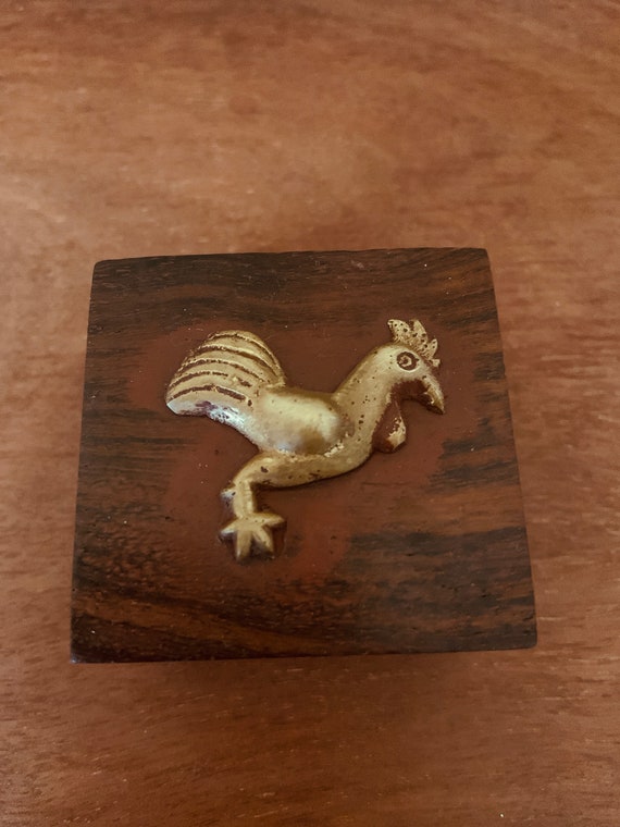Vintage Wood Trinket Box with Bronze Rooster - image 1