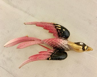 Mamselle Pin Pink Enamel Bird Brooch Vintage Brooch 1960s