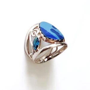Blue Opal Sterling Silver Ring, Boho Art Piece, Size 7.5