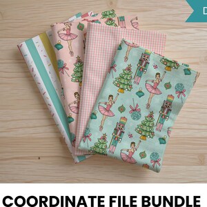 Puede incluir: Un conjunto de cuatro diseños de tela estampada. Los diseños incluyen una bailarina, un cascanueces, árboles de Navidad y rayas. La paleta de colores incluye rosa, verde menta y blanco. El texto de la imagen dice "DESCARGAS DIGITALES" y "PAQUETE DE ARCHIVOS COORDINADOS".