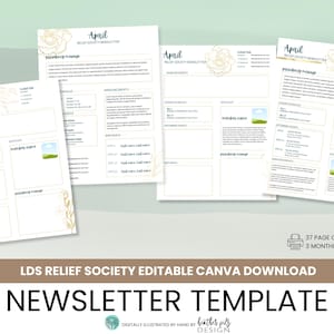 May include: A collection of white paper templates for a newsletter, with the text "January" and "April" visible. The templates have a floral design and are labeled "LDS Relief Society Editable Canva Download Newsletter Template".