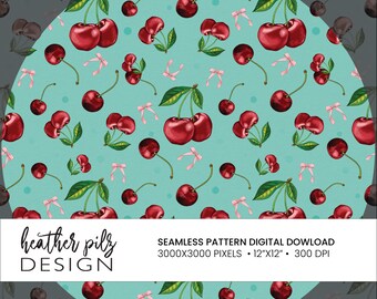 Cherry Coquette Seamless Pattern Hand Illustrated Digital Paper (12x12 300 dpi)