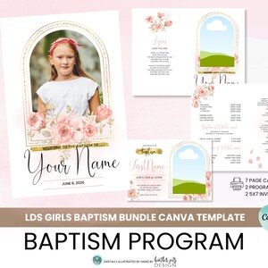 May include: A digital baptism programme and invitation bundle template featuring gold arched frames, watercolour pink floral accents, and placeholder text. The design includes sections for names, dates, and event details, with a photo of a child in a white shirt.