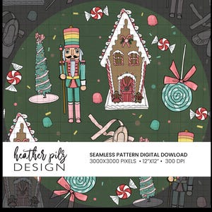 May include: A digital seamless pattern featuring Christmas and ballet-themed illustrations. The design includes a nutcracker, gingerbread house, Christmas tree, candies, and ballet shoes on a green background. The pattern is 12"x12" and 300 DPI.