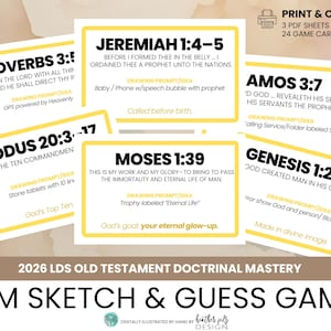 May include: A collection of yellow and white game cards with Bible verses and drawing prompts. The cards are for a "DM Sketch & Guess Game" based on the Old Testament. The cards include verses from Proverbs, Jeremiah, Exodus, Moses, Amos, and Genesis.