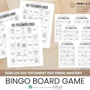 以下が含まれることがあります： 印刷可能な旧約聖書ビンゴゲームシート。 10枚のビンゴシート、1シートあたり5〜2ゲーム、コールシートが含まれています。ゲームには聖書からの引用とテキスト「2026 LDS Old Testament Doctrinal Mastery Bingo Board Game」が含まれています。