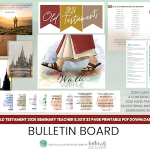 May include: A 33-page printable PDF download for a 2026 Old Testament seminary bulletin board. Includes a banner, 4 conference quote posters, 24 doctrinal mastery posters, and reading bookmarks featuring hand-painted themes and scripture text.