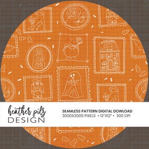 May include: Orange Halloween-themed seamless pattern with white illustrations of a cat, sweets, pumpkins, a witch's cauldron, a haunted house, a ghost, and candy corn. The pattern includes the text "heather pilz DESIGN" and "SEAMLESS PATTERN DIGITAL DOWLOAD 3000X3000 PIXELS 30.48cm x 30.48cm 300 DPI".
