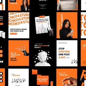 Peut inclure: Une grille de réseaux sociaux pour le marketing numérique composée de designs graphiques orange et noirs. La collection comprend des publications textuelles, des conseils commerciaux, des listes de contrôle et du contenu promotionnel pour Launchkit Studio.
