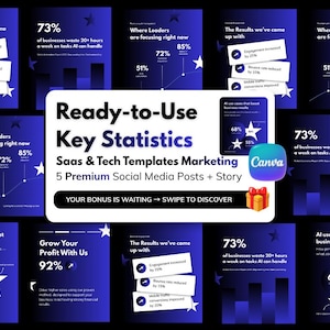 Peut inclure: Un ensemble de modèles de marketing numérique avec des arrière-plans bleu foncé, du texte blanc et des graphiques en forme d'étoile. Le panneau central blanc affiche le texte Ready-to-Use Key Statistics Saas & Tech Templates Marketing 5 Premium Social Media Posts + Story.